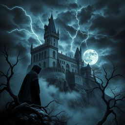 A hyper-realistic depiction of a dark and ominous medieval castle looming on a rocky cliff under a stormy sky