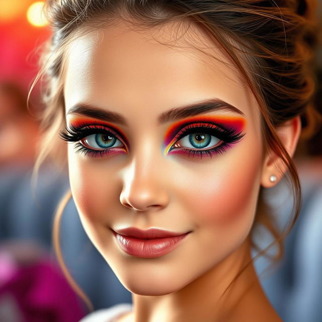 A beautiful girl with an artistic and vibrant eye makeup look, featuring bold colors and dramatic effects