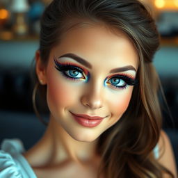 A beautiful girl with an artistic and vibrant eye makeup look, featuring bold colors and dramatic effects