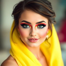 A beautiful girl with an artistic and vibrant eye makeup look, featuring bold colors and dramatic effects