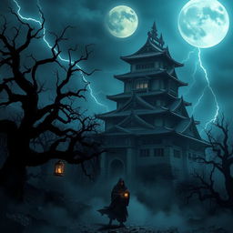 A hyper-realistic depiction of a Japanese castle set in a dark, eerie environment