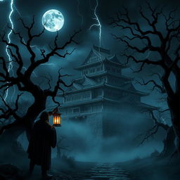 A hyper-realistic depiction of a Japanese castle set in a dark, eerie environment