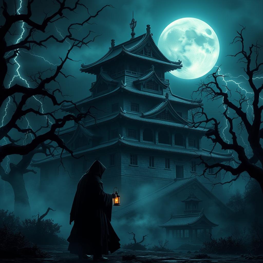 A hyper-realistic depiction of a Japanese castle set in a dark, eerie environment