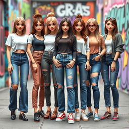 A group of stylish AI-generated girls wearing trendy jeans, showcasing diverse fashion styles and personalities