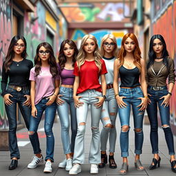 A group of stylish AI-generated girls wearing trendy jeans, showcasing diverse fashion styles and personalities