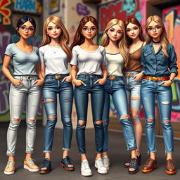 A group of stylish AI-generated girls wearing trendy jeans, showcasing diverse fashion styles and personalities