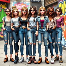 A group of stylish AI-generated girls wearing trendy jeans, showcasing diverse fashion styles and personalities