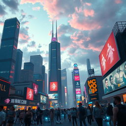 A futuristic city skyline at dusk, showcasing sleek skyscrapers with glowing neon lights in shades of blue and pink