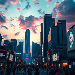 A futuristic city skyline at dusk, showcasing sleek skyscrapers with glowing neon lights in shades of blue and pink