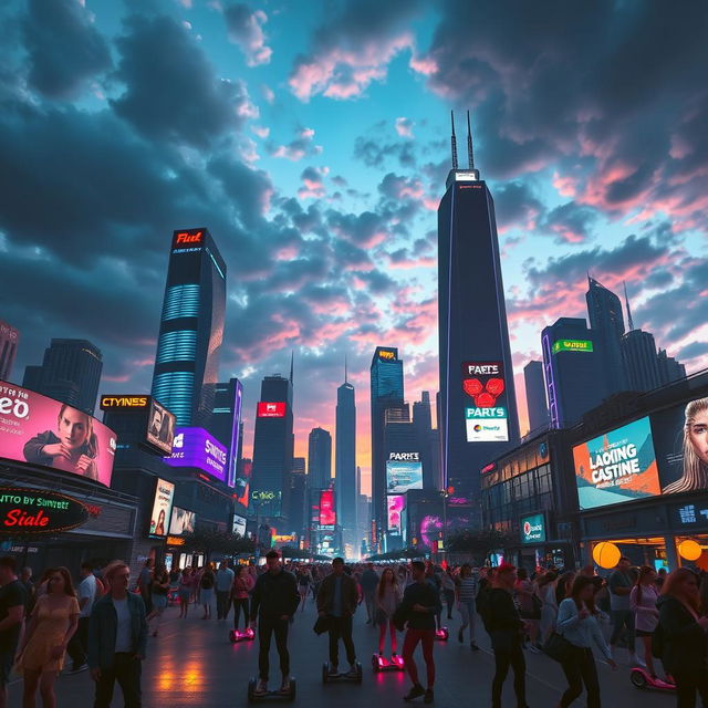 A futuristic city skyline at dusk, showcasing sleek skyscrapers with glowing neon lights in shades of blue and pink