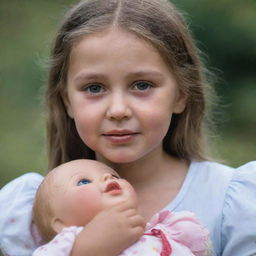 A young girl with tears streaming down her cheeks, holding a cherished doll in her hand