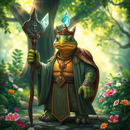 A tortle priest character standing in a vibrant fantasy forest