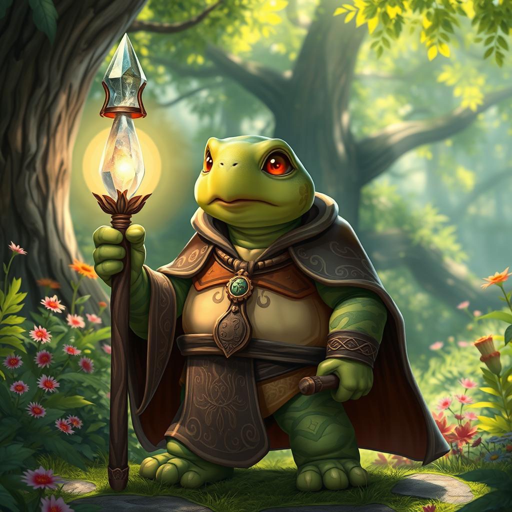 A tortle priest character standing in a vibrant fantasy forest