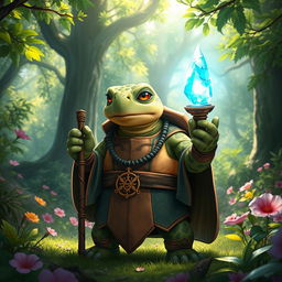 A tortle priest character standing in a vibrant fantasy forest