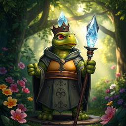 A tortle priest character standing in a vibrant fantasy forest