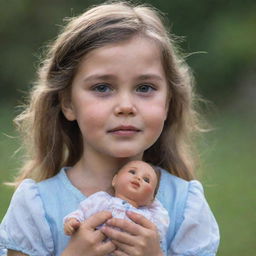 A young girl with tears streaming down her cheeks, holding a cherished doll in her hand