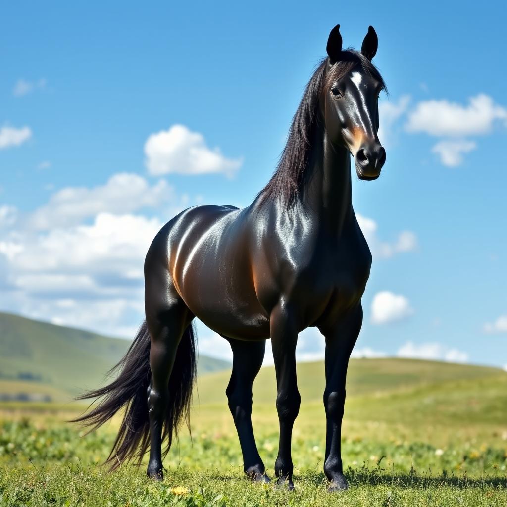 A sleek, majestic black horse standing proudly in a lush, green meadow, its shiny coat glistening in the sunlight