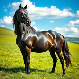 A sleek, majestic black horse standing proudly in a lush, green meadow, its shiny coat glistening in the sunlight