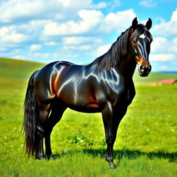 A sleek, majestic black horse standing proudly in a lush, green meadow, its shiny coat glistening in the sunlight