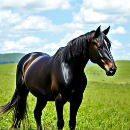 A sleek, majestic black horse standing proudly in a lush, green meadow, its shiny coat glistening in the sunlight