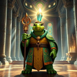 A tortle temple priest standing in a grand, ancient temple filled with intricate carvings and colorful mosaics