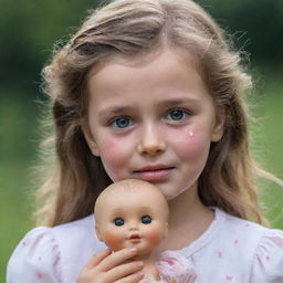 A young girl with tears streaming down her cheeks, holding a cherished doll in her hand