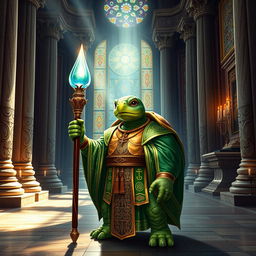 A tortle temple priest standing in a grand, ancient temple filled with intricate carvings and colorful mosaics