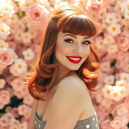 A stunning redhead styled like Bettie Page, wearing a classic vintage 1950s pinup outfit