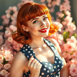 A stunning redhead styled like Bettie Page, wearing a classic vintage 1950s pinup outfit