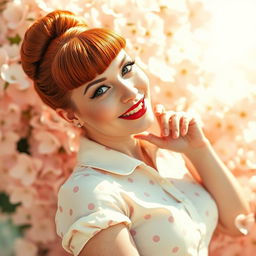 A stunning redhead styled like Bettie Page, wearing a classic vintage 1950s pinup outfit