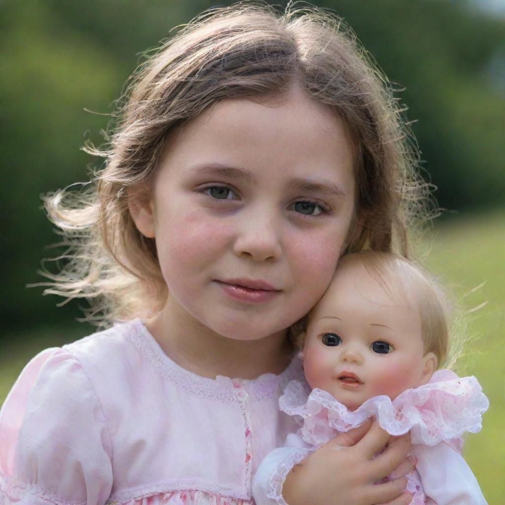 A young girl with tears streaming down her cheeks, holding a cherished doll in her hand