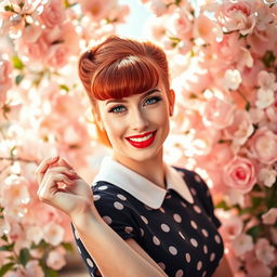 A stunning redhead styled like Bettie Page, wearing a classic vintage 1950s pinup outfit