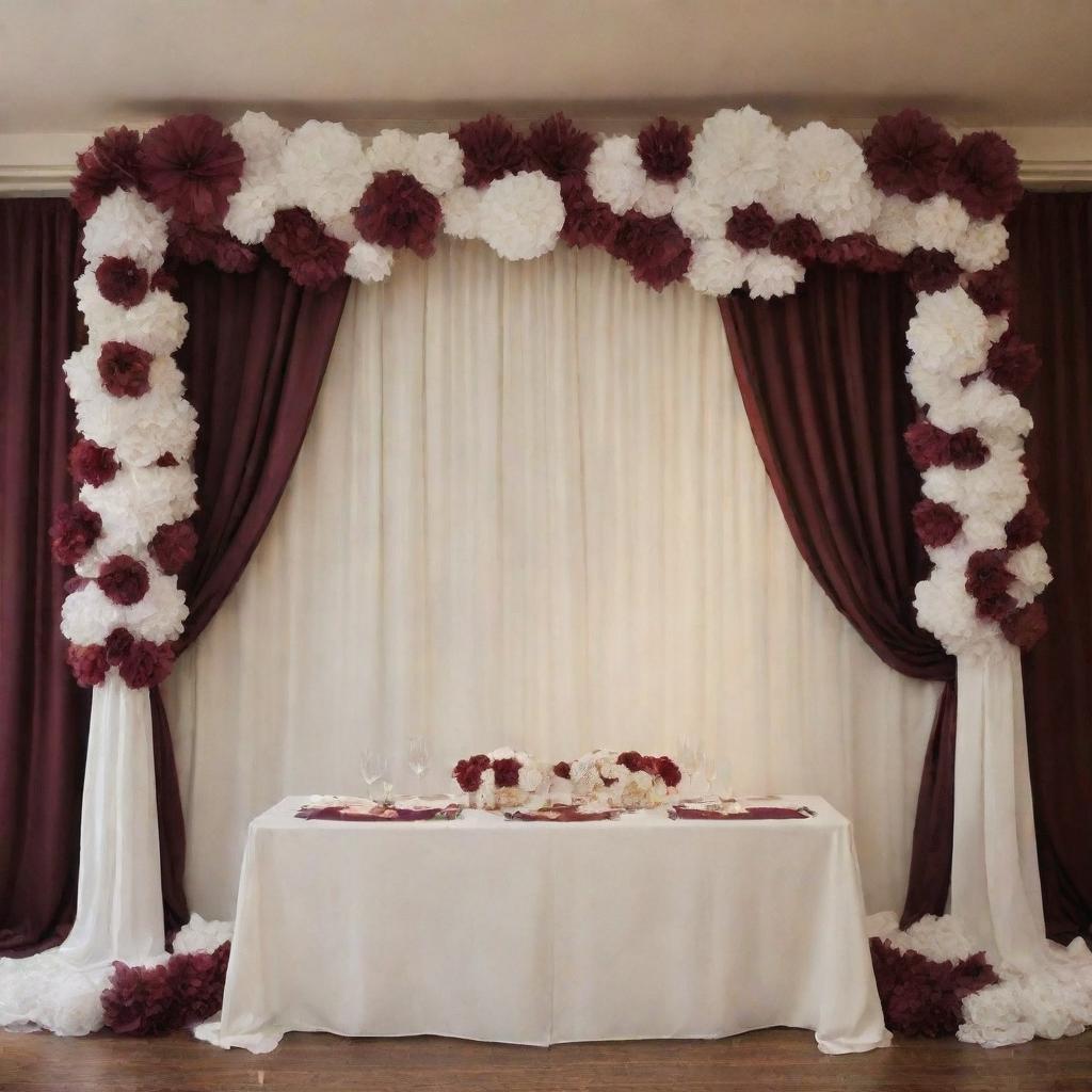 Envision a wedding venue adorned with white and wine-colored paper flowers. Subtle drapes of white and wine fabric line the venue, backdropped by a curtain of twinkling lights.