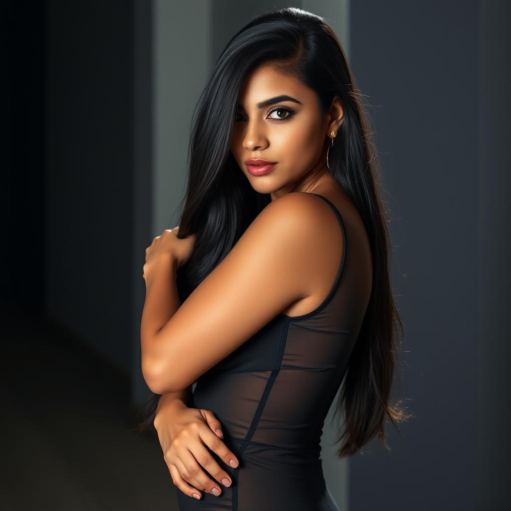 A striking young Indian woman with long black hair, elegantly posed and looking at the camera while wearing a fitted bodycon sheer dress