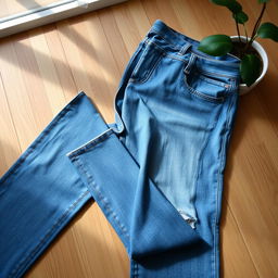 A stylish pair of blue denim jeans, displayed on a wooden floor with soft natural lighting