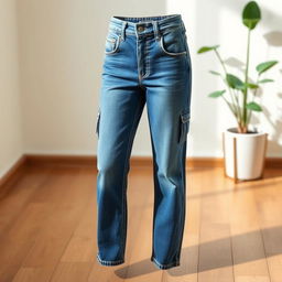 A stylish pair of blue denim jeans, displayed on a wooden floor with soft natural lighting