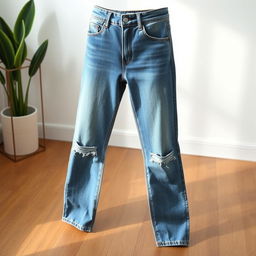 A stylish pair of blue denim jeans, displayed on a wooden floor with soft natural lighting