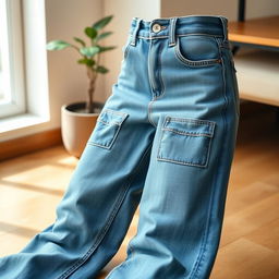 A stylish pair of blue denim jeans, displayed on a wooden floor with soft natural lighting