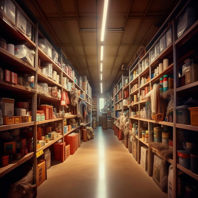 A tidy, organized storeroom filled with various items, well-lighted and inviting. There is a subtle awe-inspiring aura around it.