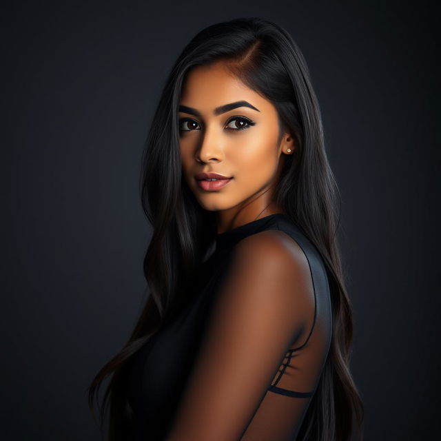 A captivating young Indian woman with long black hair, elegantly facing the camera while wearing a stylish bodycon sheer dress that highlights her attractive figure and thick thighs