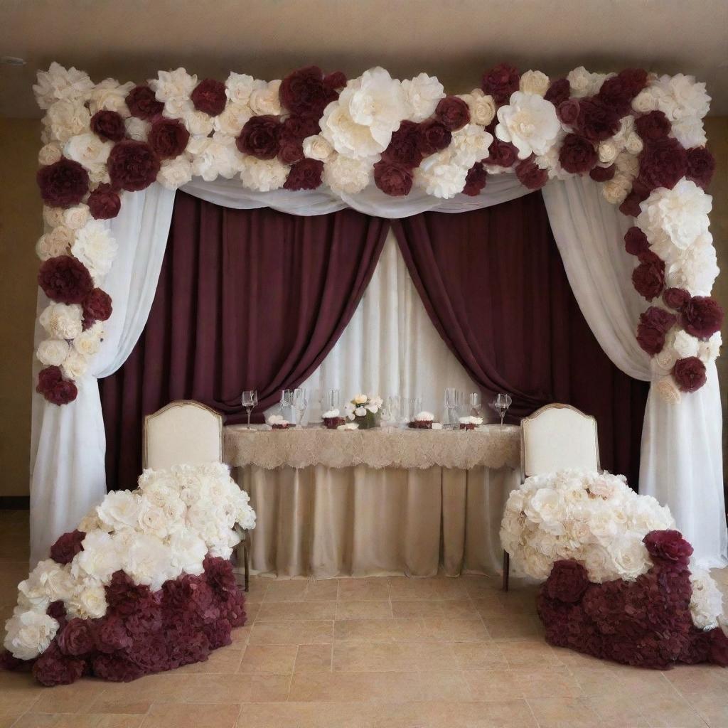 Envision a wedding venue adorned with white and wine-colored paper flowers. Subtle drapes of white and wine fabric line the venue, backdropped by a curtain of twinkling lights.