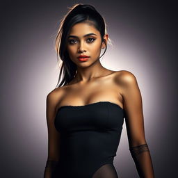 A stunning young Indian goth woman, 17 years old, confidently posed in a full body shot