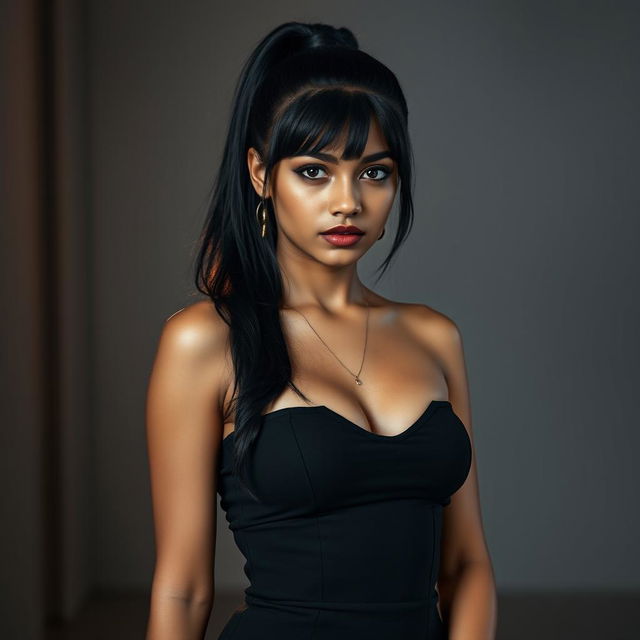 A stunning young Indian goth woman, 17 years old, confidently posed in a full body shot