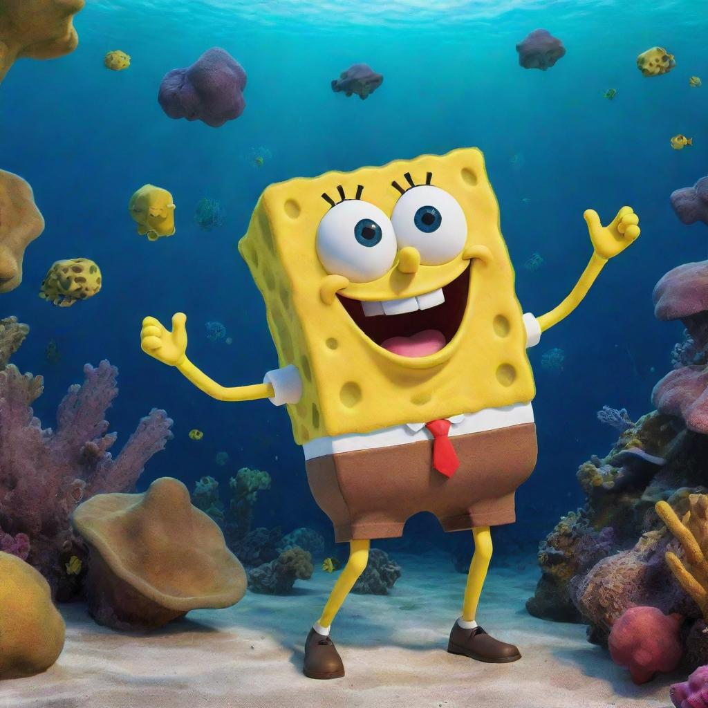 A vibrant, playful image of SpongeBob SquarePants in his signature rectangular brown pants, bright yellow body, and infectious smile under the sea