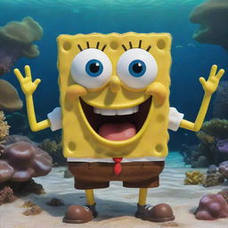 A vibrant, playful image of SpongeBob SquarePants in his signature rectangular brown pants, bright yellow body, and infectious smile under the sea