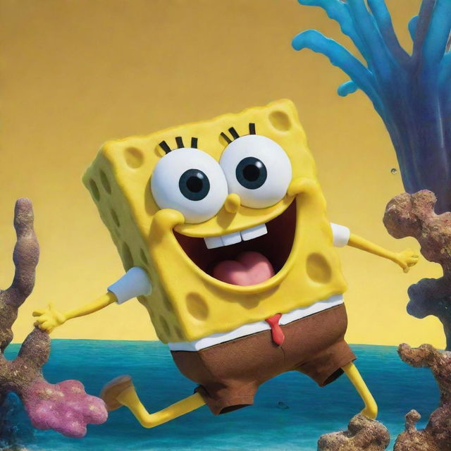 A vibrant, playful image of SpongeBob SquarePants in his signature rectangular brown pants, bright yellow body, and infectious smile under the sea