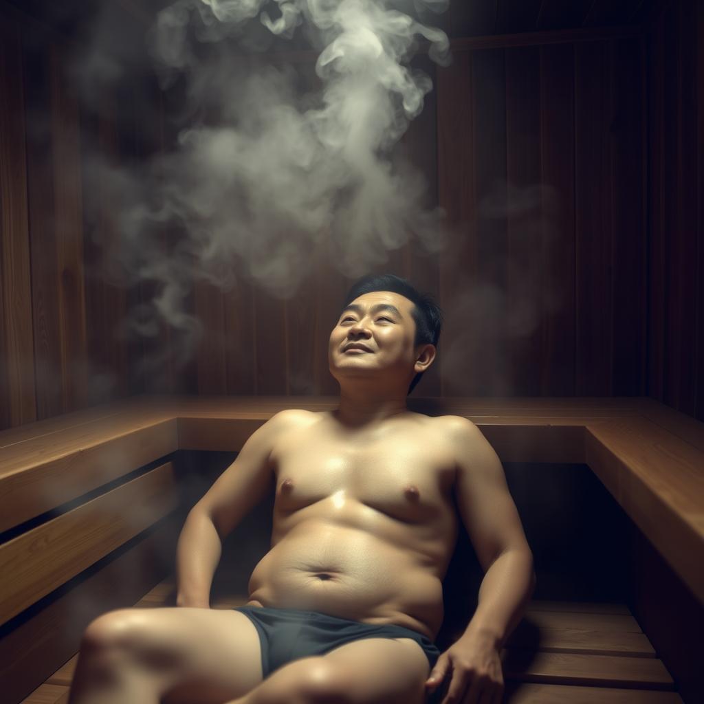 A serene scene of a naked Chinese man relaxing in a traditional sauna, surrounded by wooden benches and steam rising gently around him