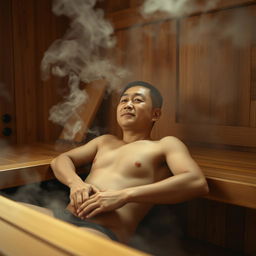 A serene scene of a naked Chinese man relaxing in a traditional sauna, surrounded by wooden benches and steam rising gently around him