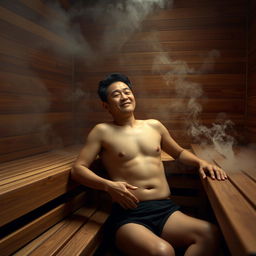 A serene scene of a naked Chinese man relaxing in a traditional sauna, surrounded by wooden benches and steam rising gently around him