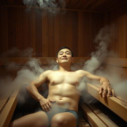 A serene scene of a naked Chinese man relaxing in a traditional sauna, surrounded by wooden benches and steam rising gently around him